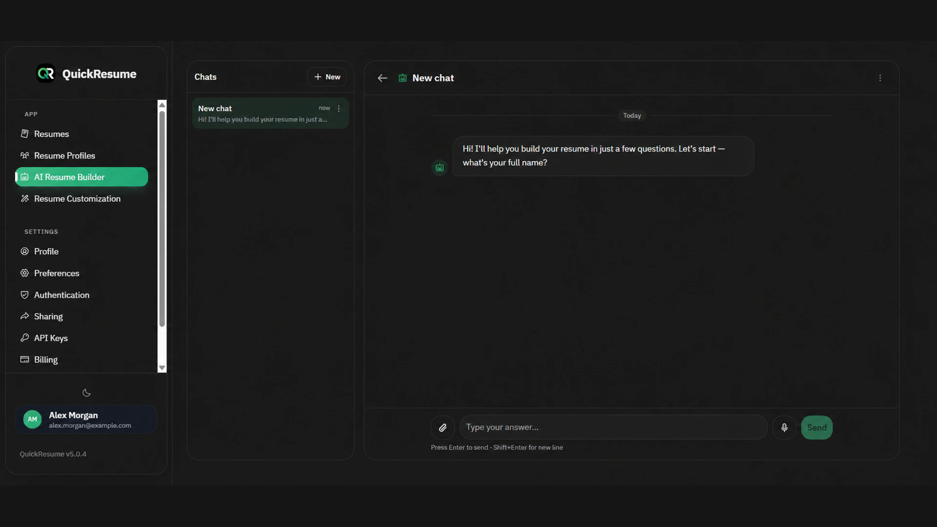 QuickResume AI Resume Builder conversation workspace
