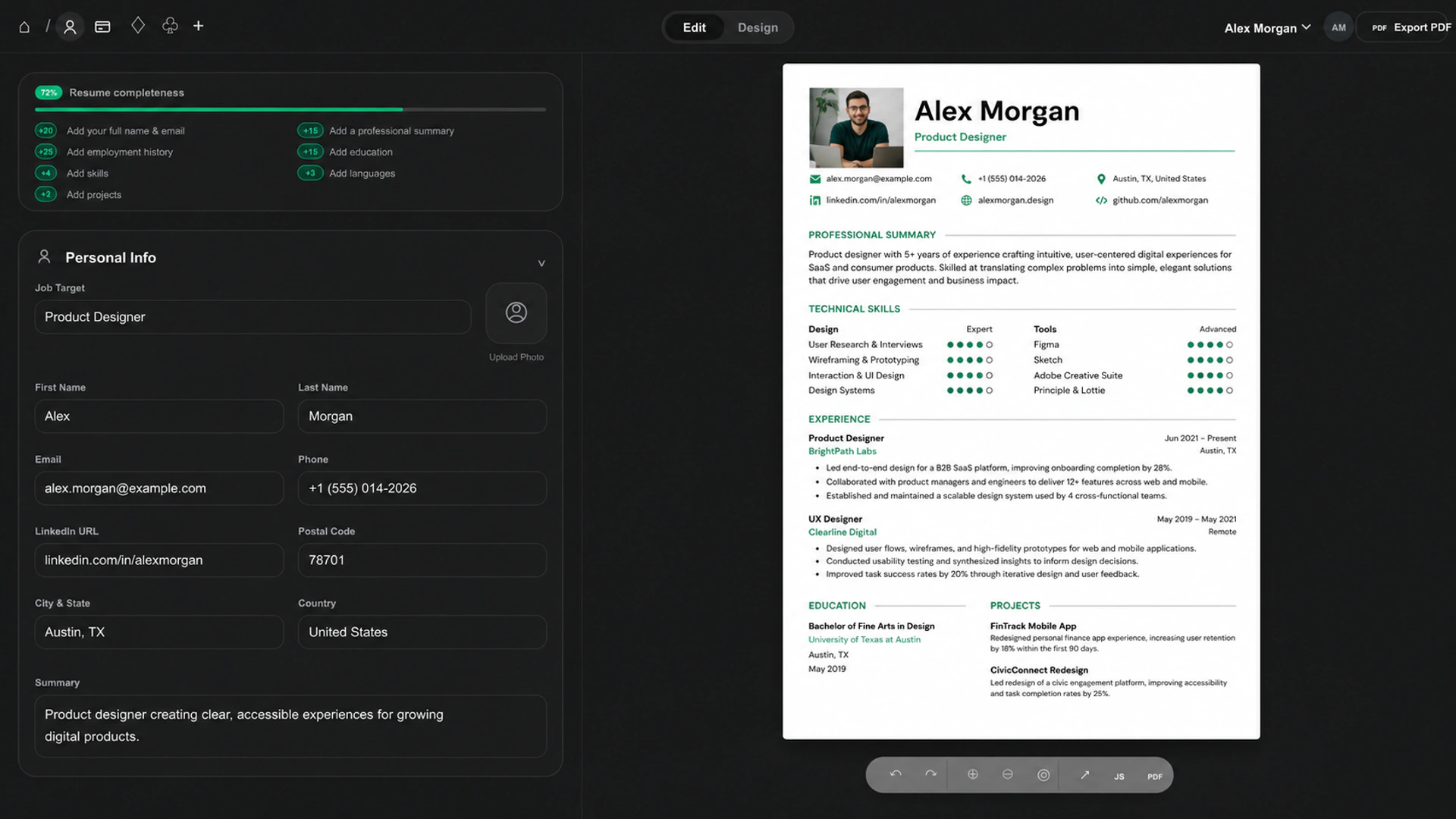QuickResume builder with live resume preview and design controls
