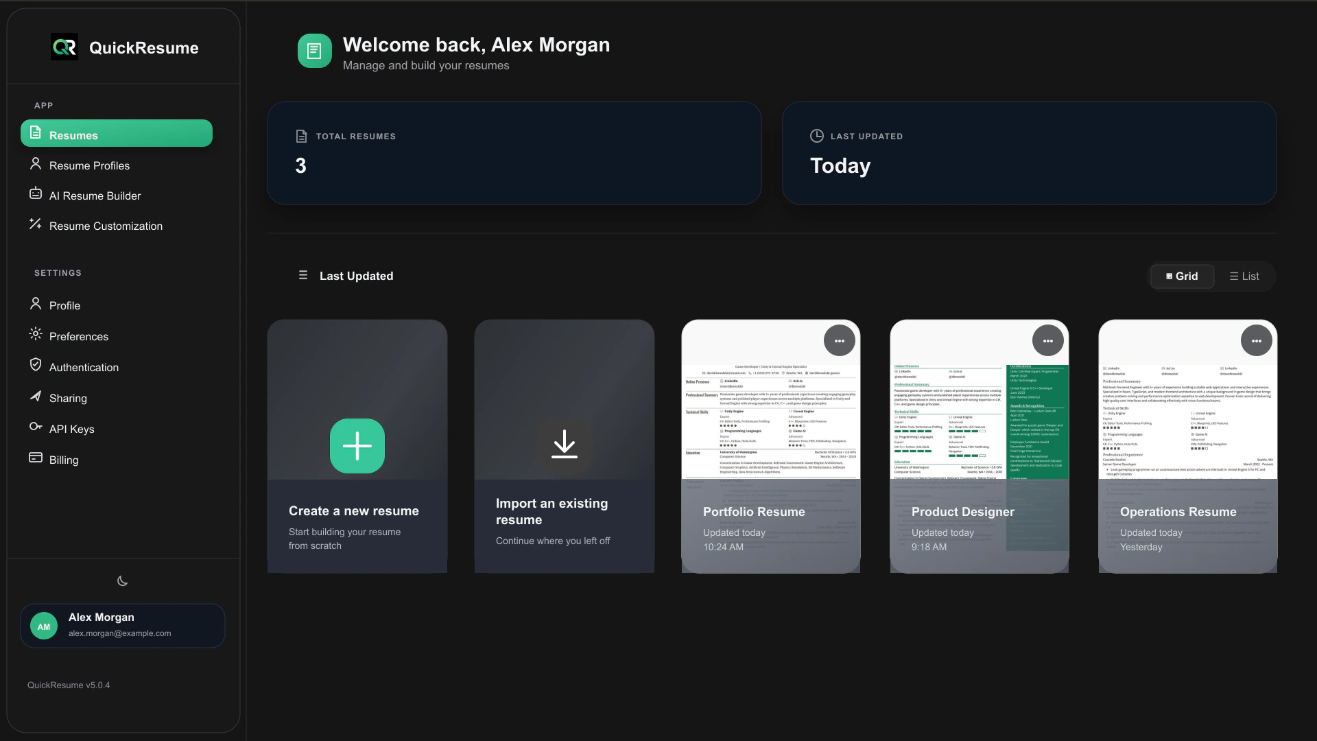 Private QuickResume dashboard with resume drafts
