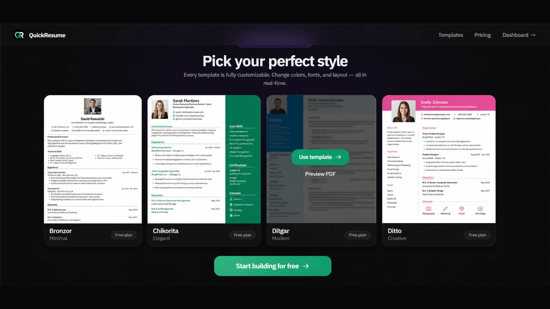 QuickResume template gallery showing multiple professional resume designs